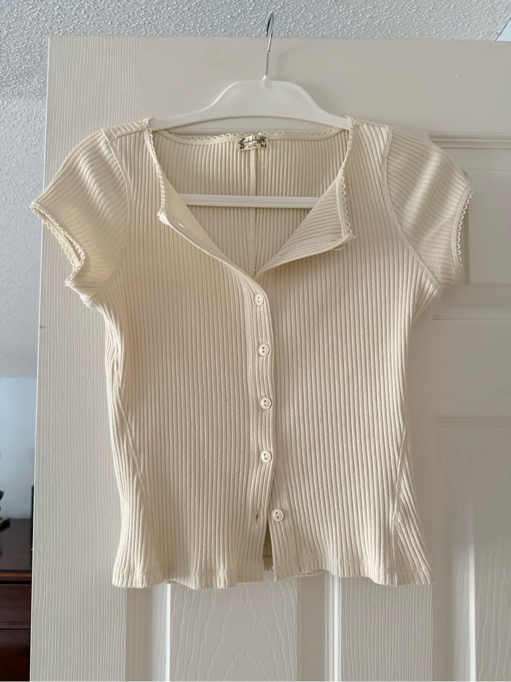 Free People Cream Ribbed Button-Front Top